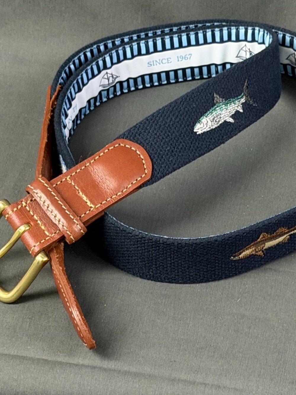 Leather Man Ltd Embroidered Fish Belt Navy Canvas Brown Leather Brass Sz 34 USA